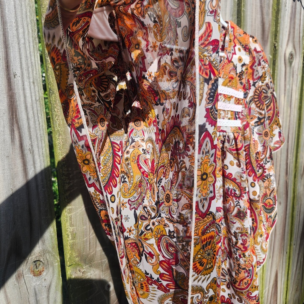 Fun & Flirt Womens Boho Paisley Babydoll Top Orange Red Butterfly Sleeve Large - Picture 7 of 9